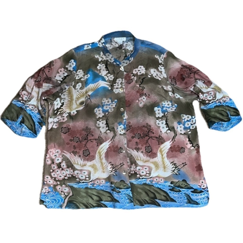 Citron Santa Monica Asian Floral Mandarin Notch Collar Silk Kimono Blouse‎ 3X